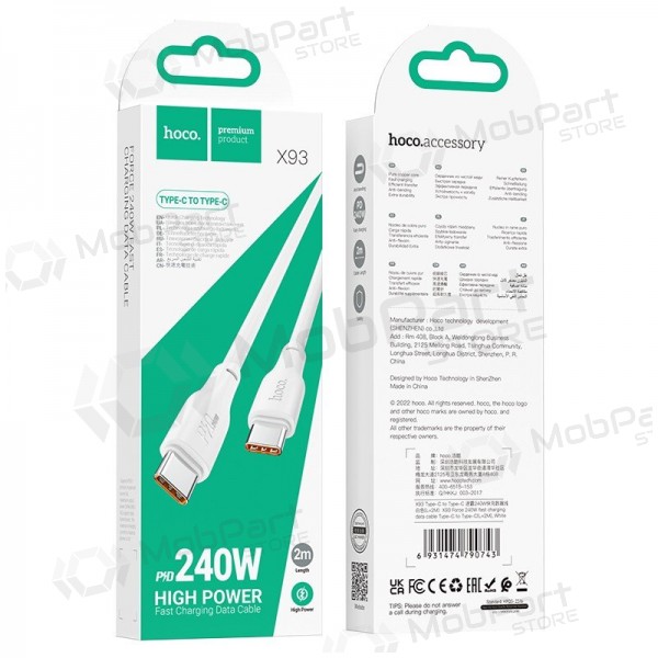 USB cabo Hoco X93 60W USB-C to USB-C 2.0m branco