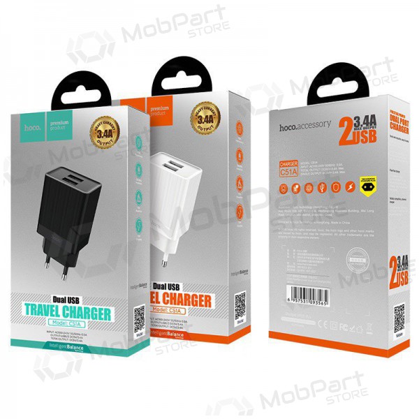 Carregador HOCO C51A Prestige power Dual USB (5V 3.4A) (branco)