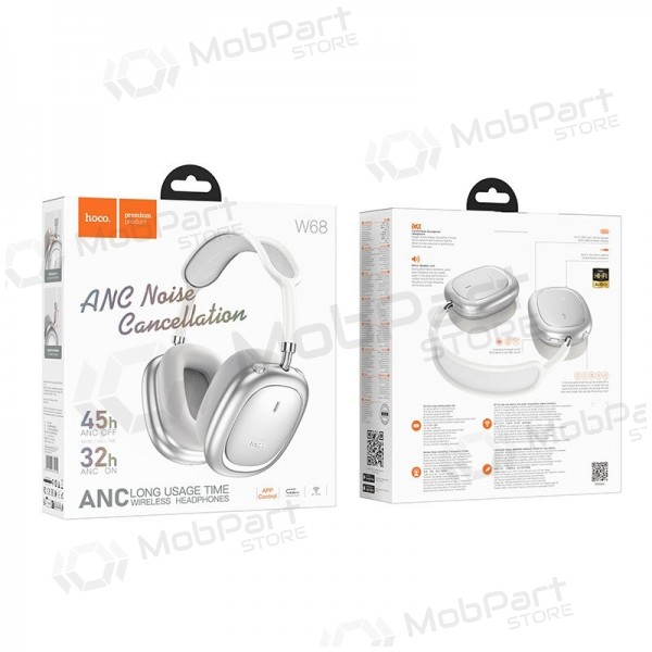Fones de ouvido sem fio com microfone Hoco W68 ANC Bluetooth prateados