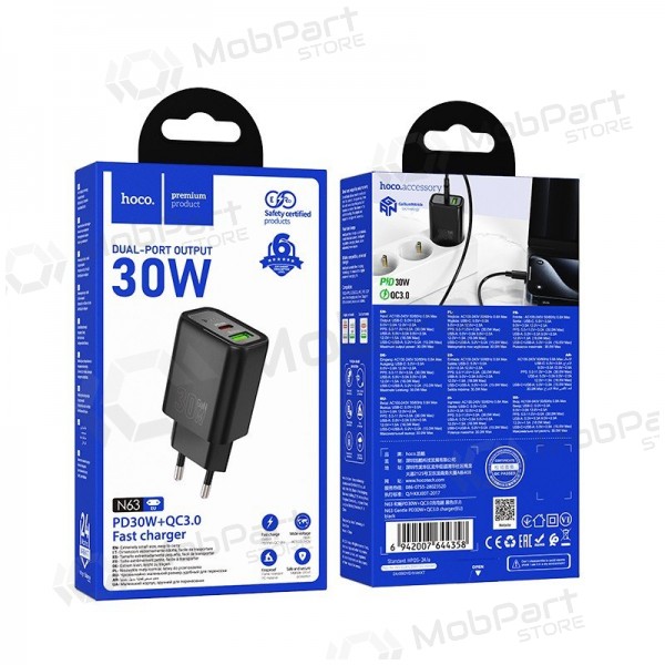 Carregador de telefone Hoco N63 30 W GaN USB-C + USB-A preto