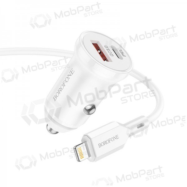 Carregador automobilinis Borofone BZ18A USB-A/Type-C PD20W+QC3.0 + Lightning (branco)