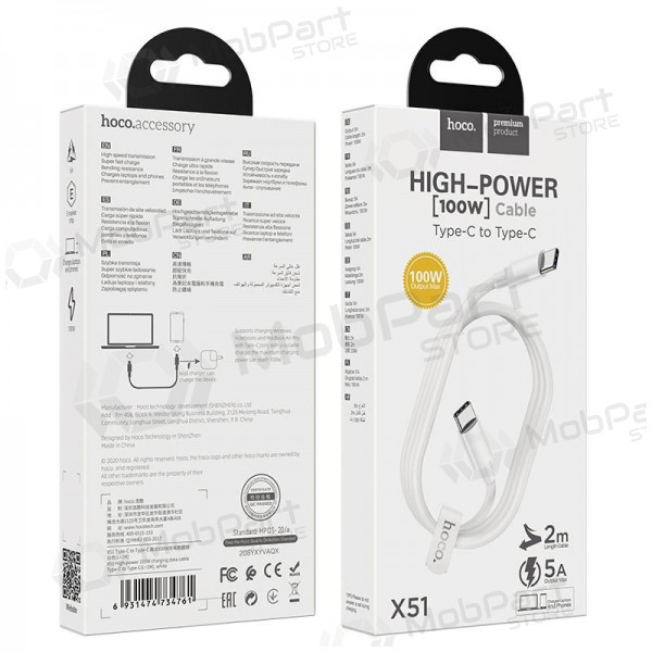 Cabo USB Hoco X51 Tipo-C - Tipo-C 20V 5A 100W 2.0m (branco)