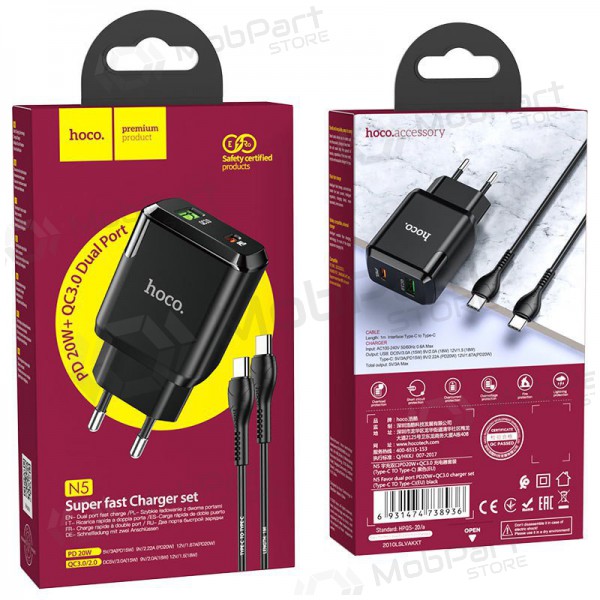 Carregador Hoco N5 USB Quick Charge 3.0 + PD 20W (3.1A) + Type-C-Type-C (preto)