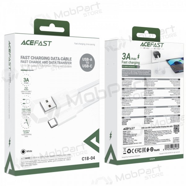 USB cabo Acefast C18-04 USB-A to USB-C 1.2m branco