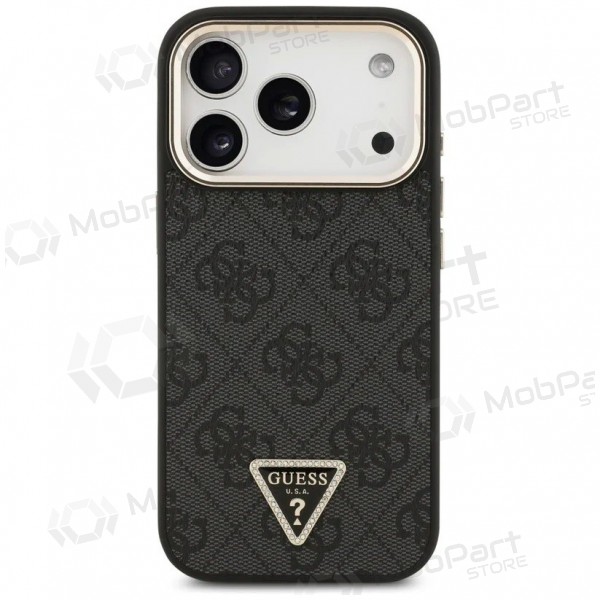 Capa para Apple iPhone 17 Pro Max - Guess PU Leather 4G Strass Triangle Logo Gold Frame MagSafe (preto)