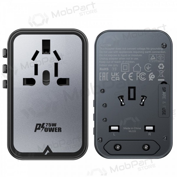 Universal kelioninis carregador Acefast Z1 75W GaN 2xUSB-A/3xUSB-C preto