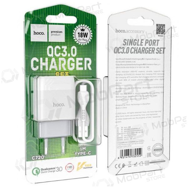Carregador HOCO C72Q Glorious + type-C cabo (QC3.0) (branco)