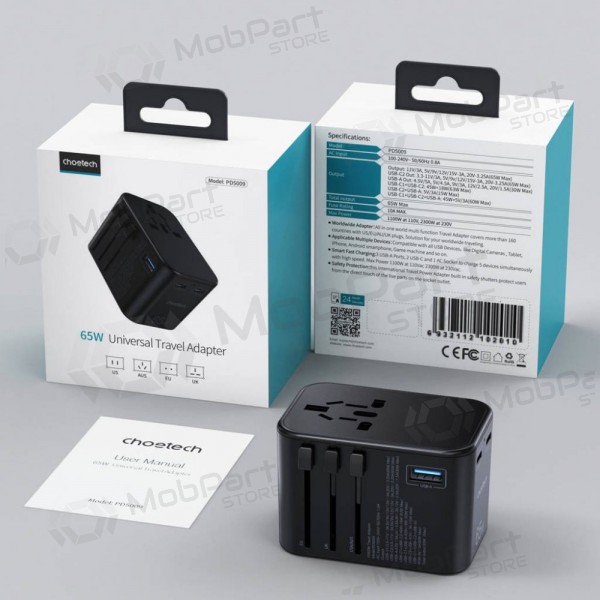 Universal kelioninis carregador Choetech PD5009 65W 2xUSB-C/USB-A preto