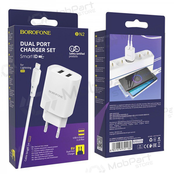 Carregador Borofone BN2 2xUSB 2.1A + Lightning (branco)