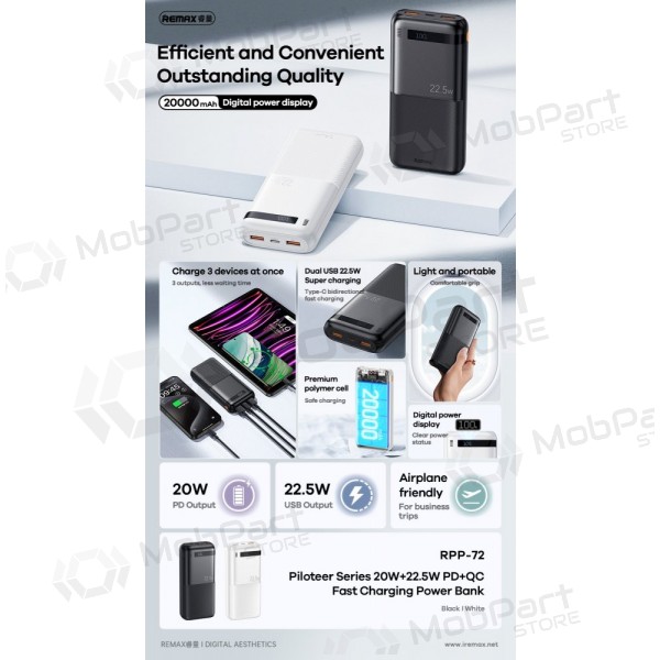 Bateria externa Power Bank Remax RPP-72 22.5W 20000mAh preto