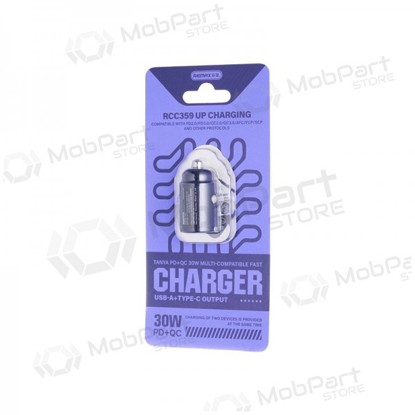 Carregador de carro para telefone Remax RCC359 30 W USB-C + USB-A preto