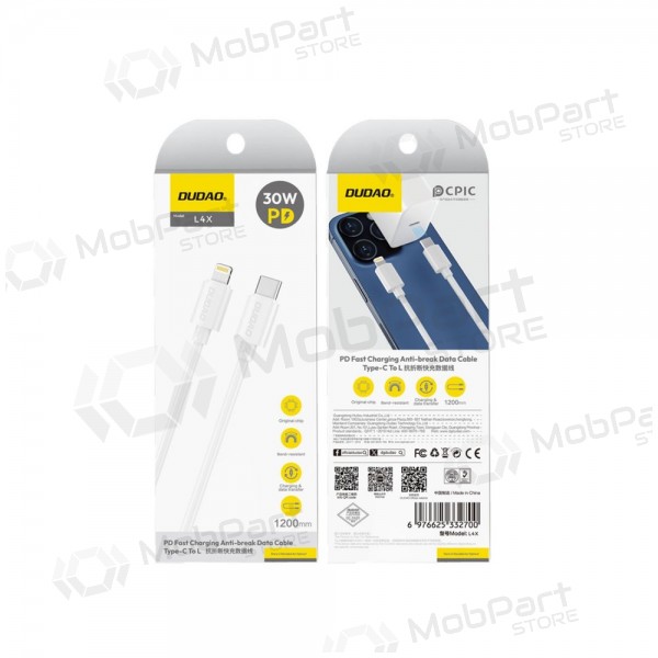 Cabo Lightning Dudao L4X USB-C para Lightning 1.2 m 30 W branco