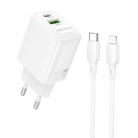 Carregador Borofone BN29 30W USB-C/USB-A + USB-C to Lightning cable 1.0m branco