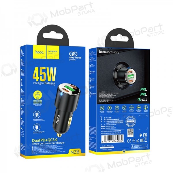 Carregador de telefone para carro Hoco NZ6 45 W PD 2x USB-C + USB-A preto