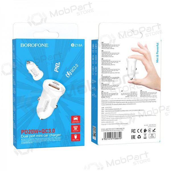 Carregador automobilinis Borofone BZ18A USB-A/Type-C PD20W+QC3.0 (branco)