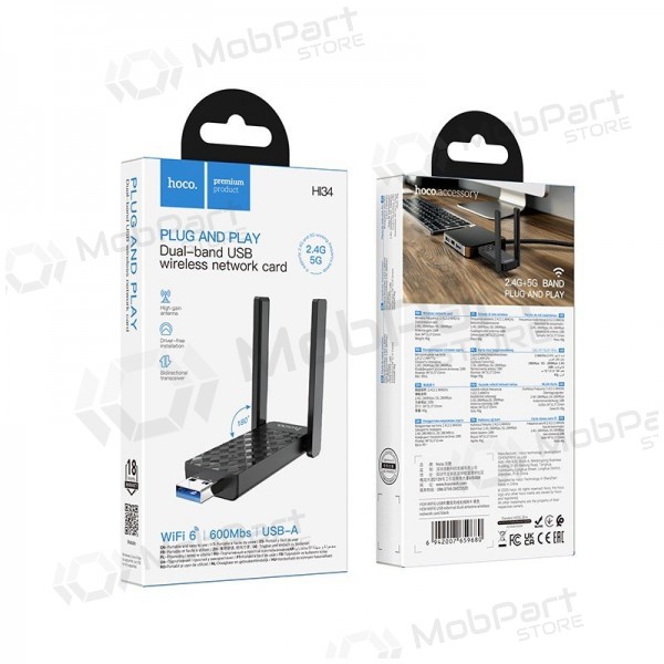 Adaptador USB Wi-Fi Hoco HI34 USB 3.0 Wi-Fi 6 preto