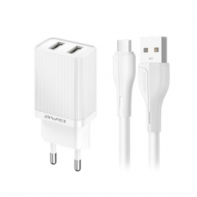 Carregador Awei C15T-EU 2xUSB-A 10W + USB to USB-C cable branco