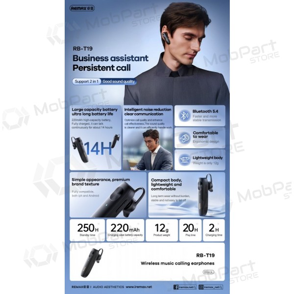 Sem fio mãos livres Remax RB-T19 preto