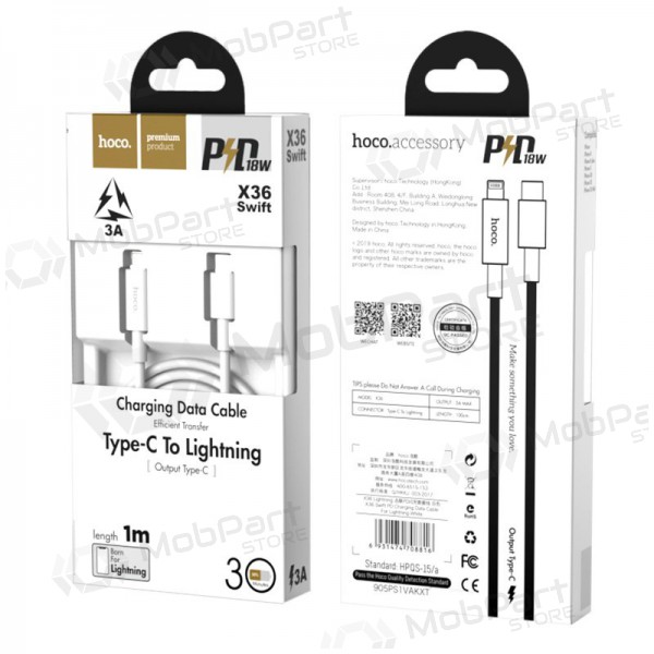 USB cabo Hoco X36 PD Type-C - Lightning 1.0m (branco)