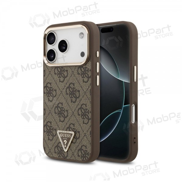 Capa para Apple iPhone 18 Pro Max - Guess PU Leather 4G Strass Triangle Logo Gold Frame MagSafe (castanho)