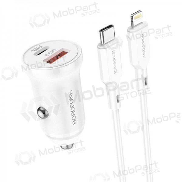 Carregador automobilinis Borofone BZ18A USB-A/Type-C PD20W+QC3.0 + Lightning (branco)