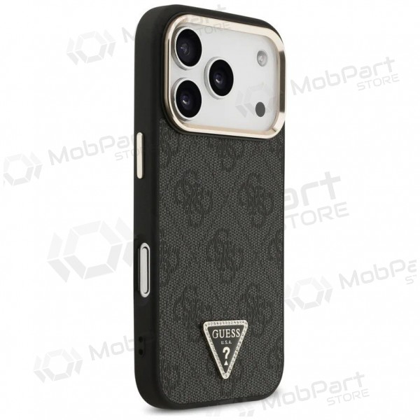 Capa para Apple iPhone 17 Pro Max - Guess PU Leather 4G Strass Triangle Logo Gold Frame MagSafe (preto)