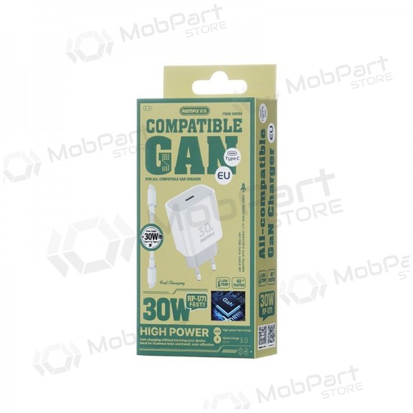 Carregador de telefone Remax RP-U71 30 W GaN USB-C com cabo USB-C 1 m branco