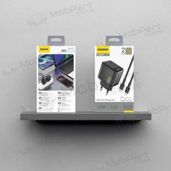 Carregador de telefone Dudao A28PC 45 W GaN 2x USB-C com cabo USB-C de 1 m preto