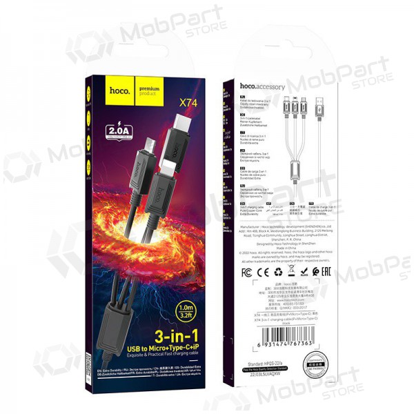 USB cabo Hoco X74 3in1 microUSB-Lightning-Type-C 1.0m (preto)
