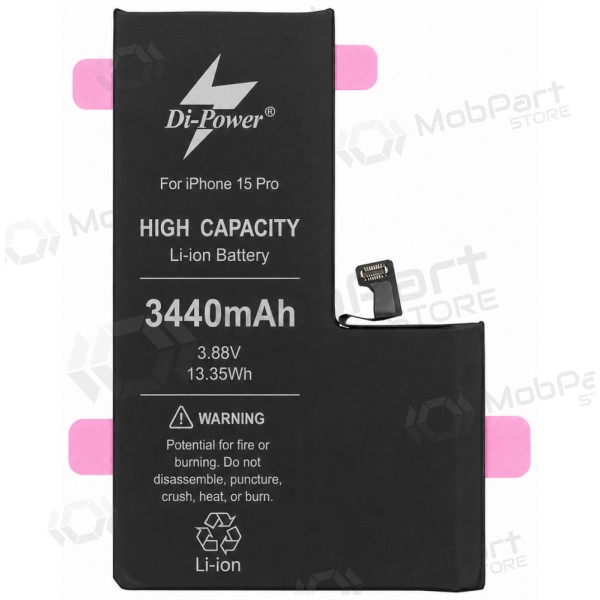 Bateria para Apple iPhone 15 Pro, bateria Di-Power 3440 mAh (capacidade aumentada)