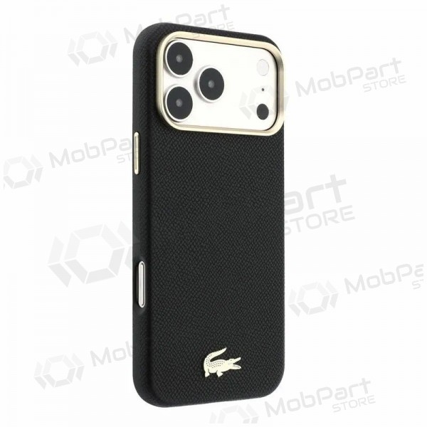 Capa para Apple iPhone 18 Pro - Lacoste PU Leather Champs Elysees Gold Logo MagSafe (preta)