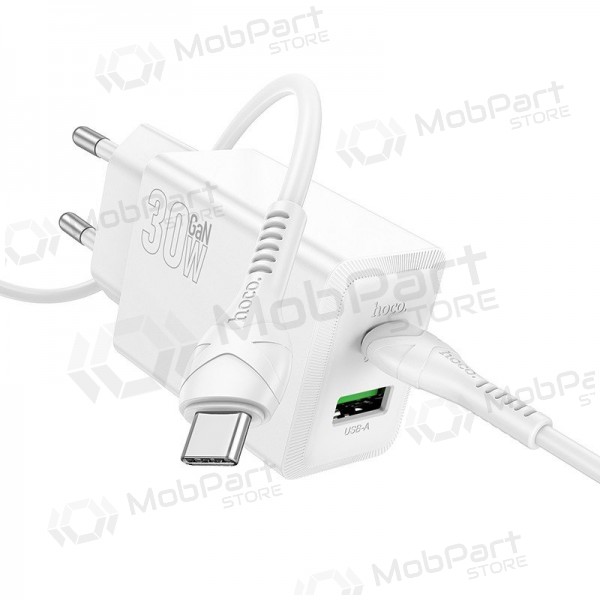 Carregador de telefone Hoco N71 30 W GaN USB-C + USB-A com cabo USB-C de 1 m branco