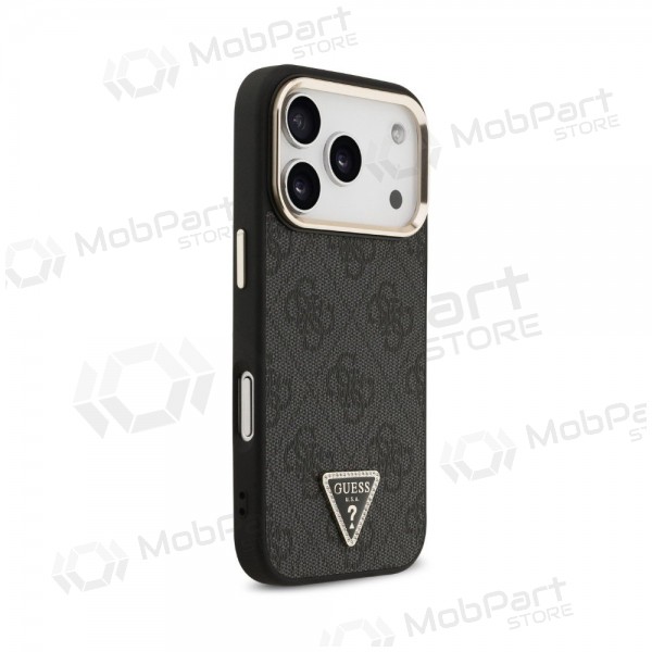 Capa para Apple iPhone 18 Pro Max - Guess PU Leather 4G Strass Triangle Logo Gold Frame MagSafe (preta)