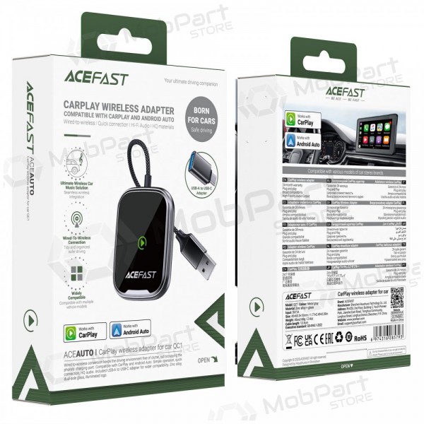 Adaptador CarPlay Acefast QC1 sem fio Android Auto preto