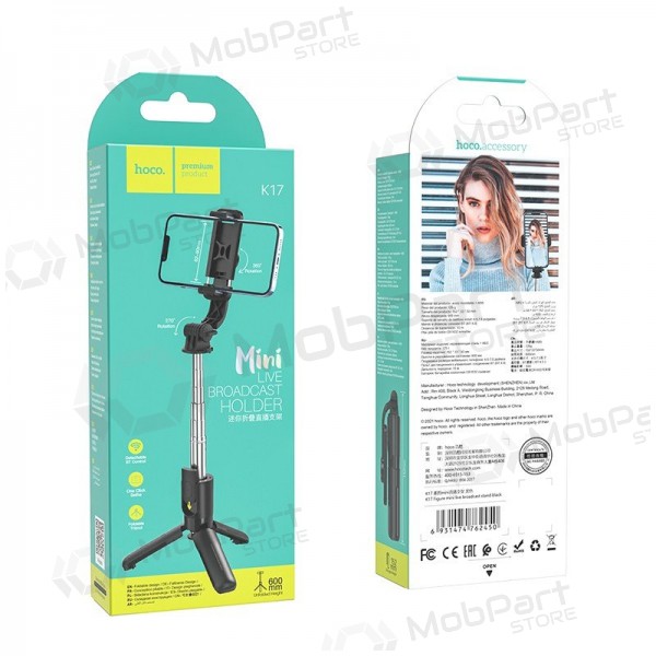 Pau de selfie tripé Hoco K17 Mini para telefone 750 mm Bluetooth preto