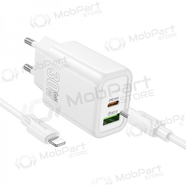 Carregador de telefone Hoco N63 30 W GaN USB-C + USB-A com cabo Lightning 1 m branco