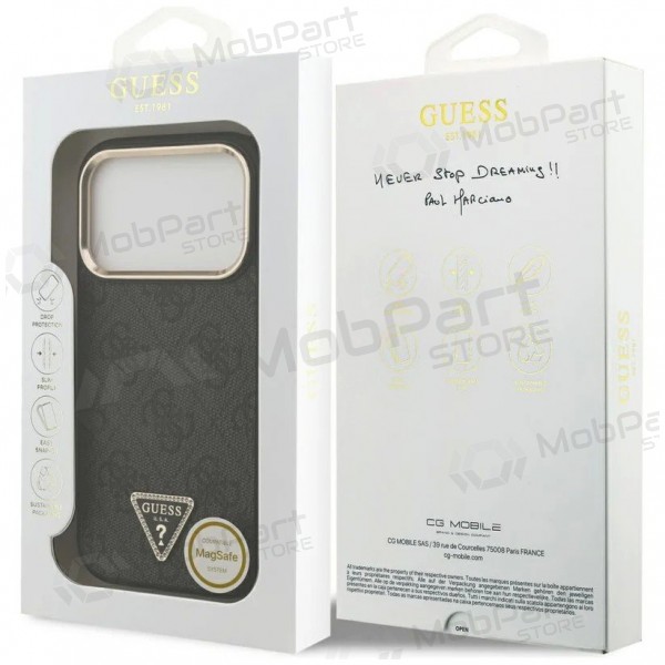 Capa para Apple iPhone 17 Pro Max - Guess PU Leather 4G Strass Triangle Logo Gold Frame MagSafe (preto)