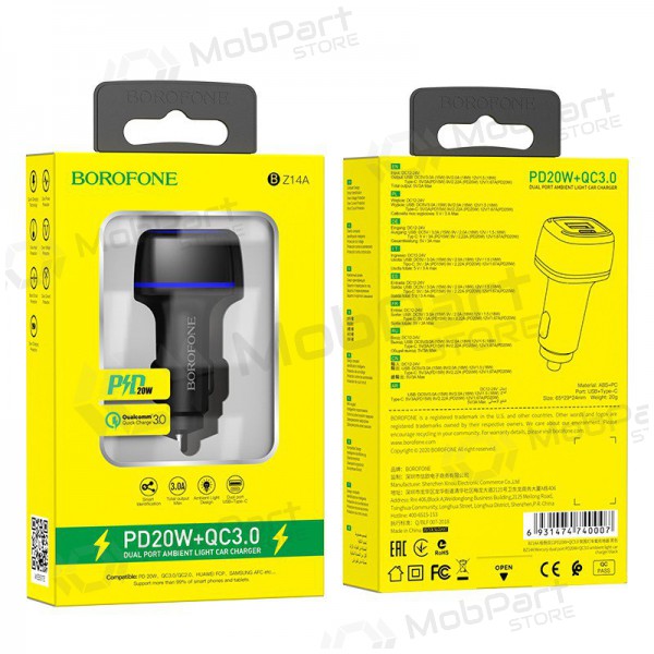 Carregador automobilinis Borofone BZ14A PD20W+QC3.0 x 2 USB (Type-C to Lightning) (preto)