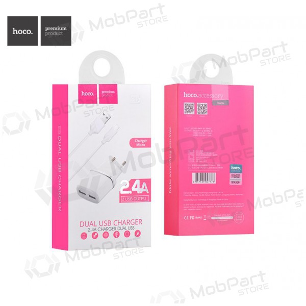Carregador HOCO C12 Smart Dual USB + Lightning cabo (5V 2.4A) (branco)