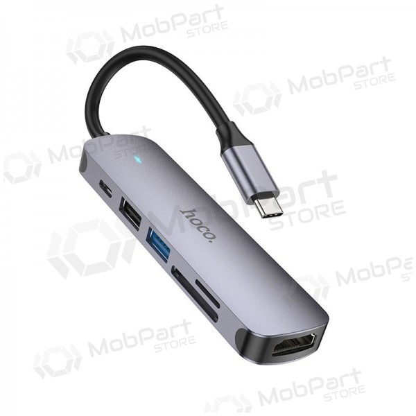 Adaptador USB-C Hoco HB28 USB-C para HDMI + USB 3.0 + USB 2.0 + SD + TF + PD cinzento