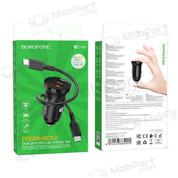 Carregador automobilinis Borofone BZ18A USB-A/Type-C PD20W+QC3.0 + Type-C (preto)