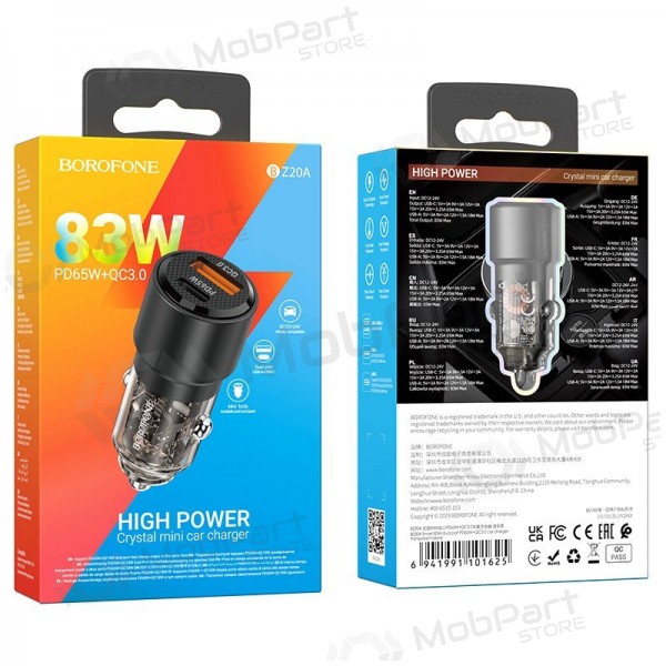 Carregador de telefone para carro Borofone BZ20A 83 W PD QC 3.0 USB-C + USB-A preto