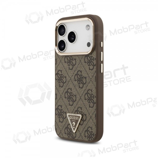 Capa para Apple iPhone 18 Pro Max - Guess PU Leather 4G Strass Triangle Logo Gold Frame MagSafe (castanho)