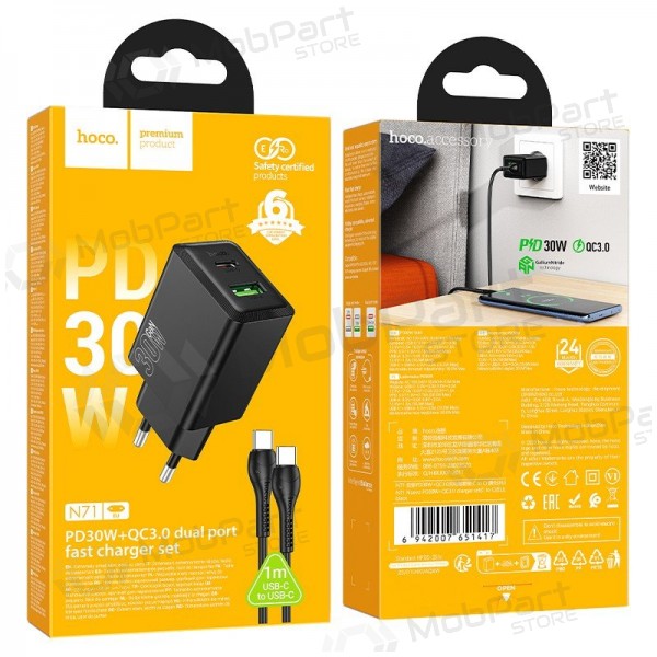 Carregador de telefone Hoco N71 30 W GaN USB-C + USB-A com cabo USB-C de 1 m preto