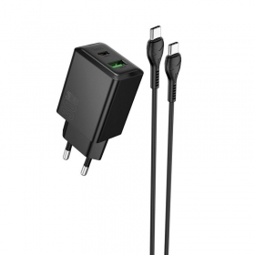 Carregador de telefone Hoco N71 30 W GaN USB-C + USB-A com cabo USB-C de 1 m preto