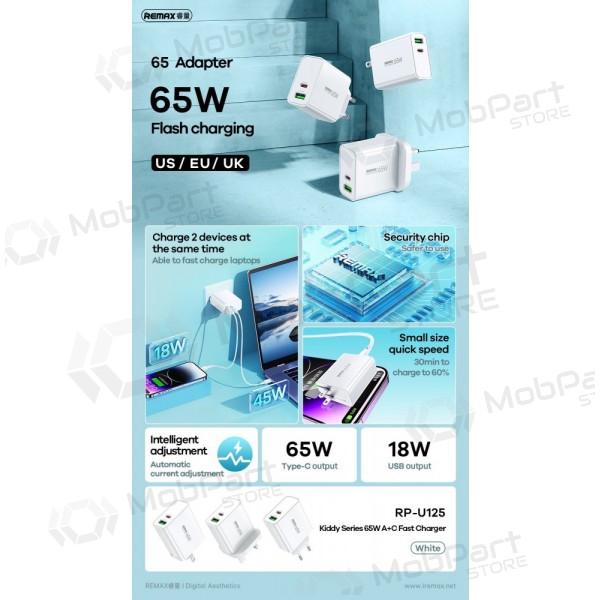 Carregador Remax RP-U125 65W GaN USB-C/USB-A branco