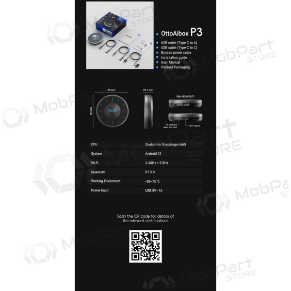 Adaptador sem fios CarPlay / Android Auto Ottocast OttoAiBox P3 PCS46 preto