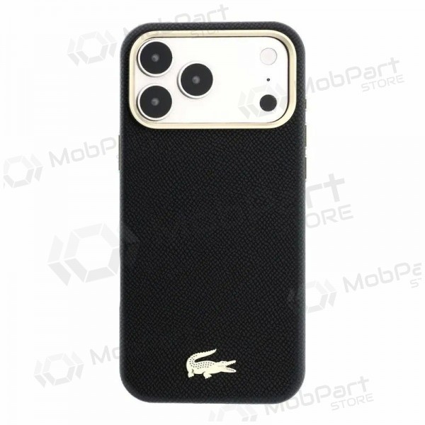Capa para Apple iPhone 18 Pro Max - Lacoste PU Leather Champs Elysees Gold Logo MagSafe (preta)