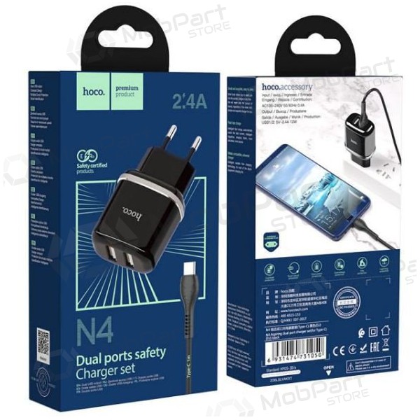 Carregador HOCO N4 Aspiring Dual USB + type-C cabo (5V 2.4A) (preto)