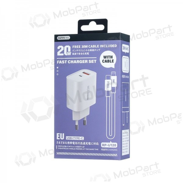Carregador de telemóvel Remax RP-U120 20 W USB-C + USB-A com cabo Lightning de 1 m branco